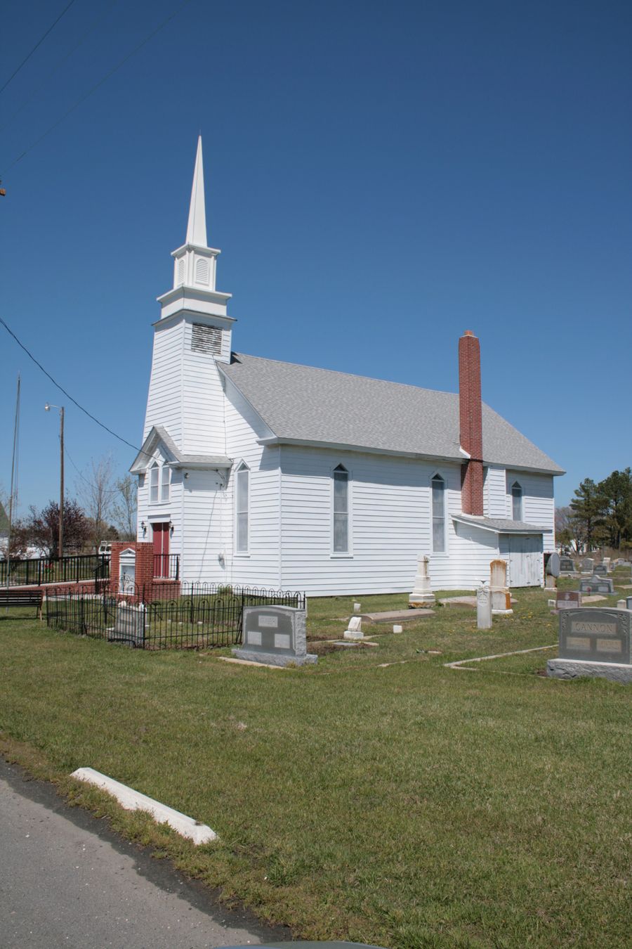 Hosier Memorial United Methodist Church, a white clapboard church with a tall steeple, Hoopers Island