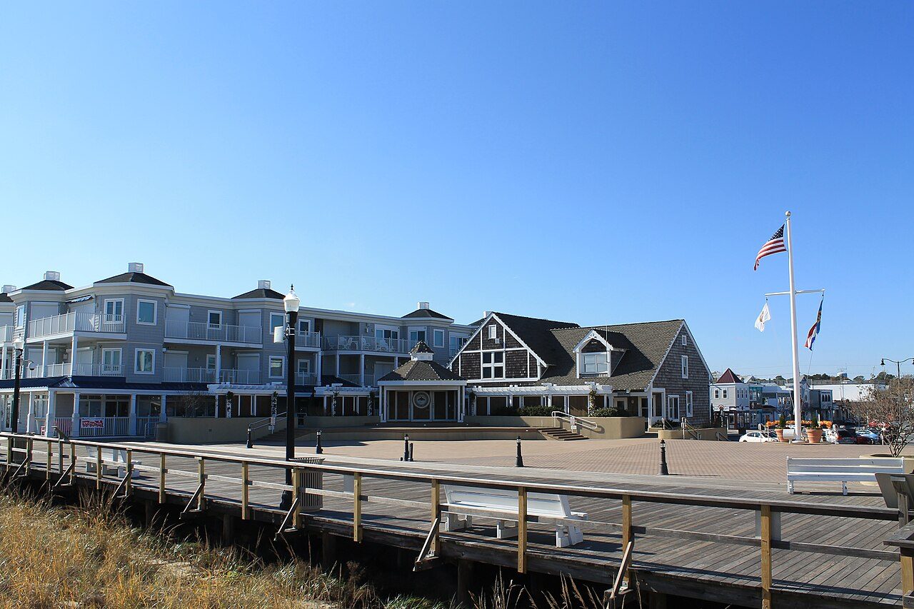 The boardwalk and oceanfront buildings at Bethany Beach, Delaware