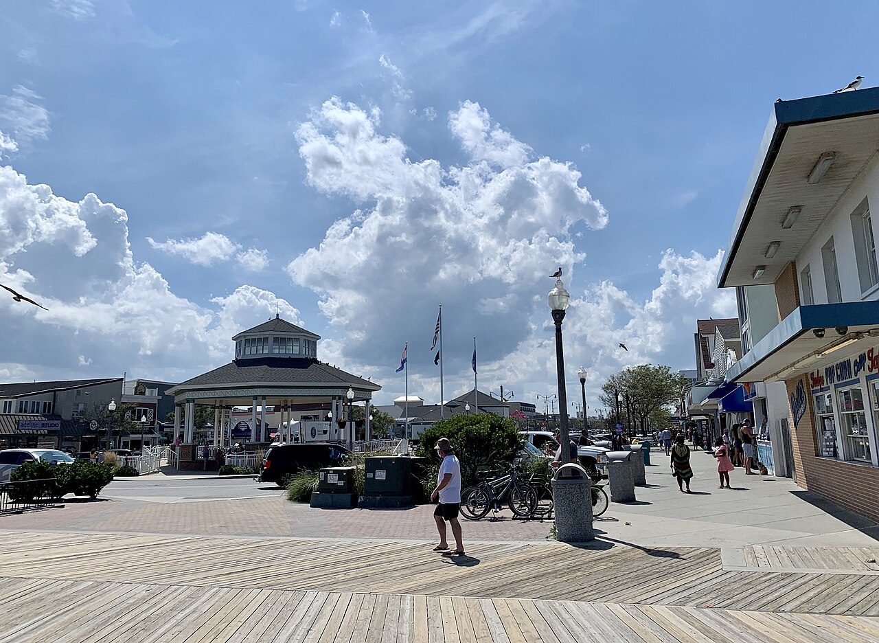 Rehoboth Avenue and the boardwalk bandstand, Rehoboth Beach, Delaware