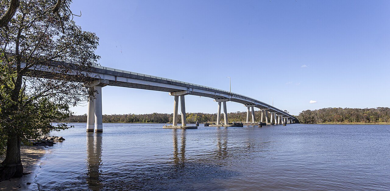 The Nanticoke River and the Route 313 bridge at Sharptown, Maryland