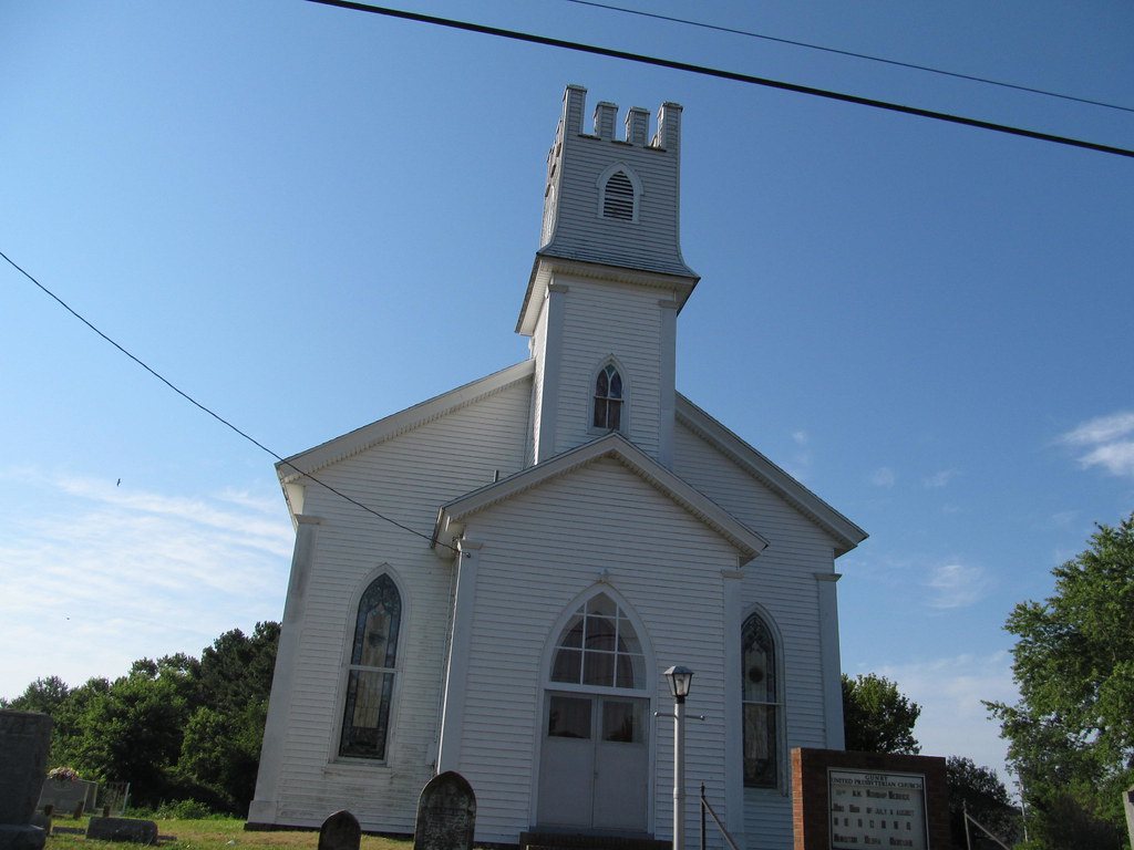 A white clapboard church in Stockton, Maryland