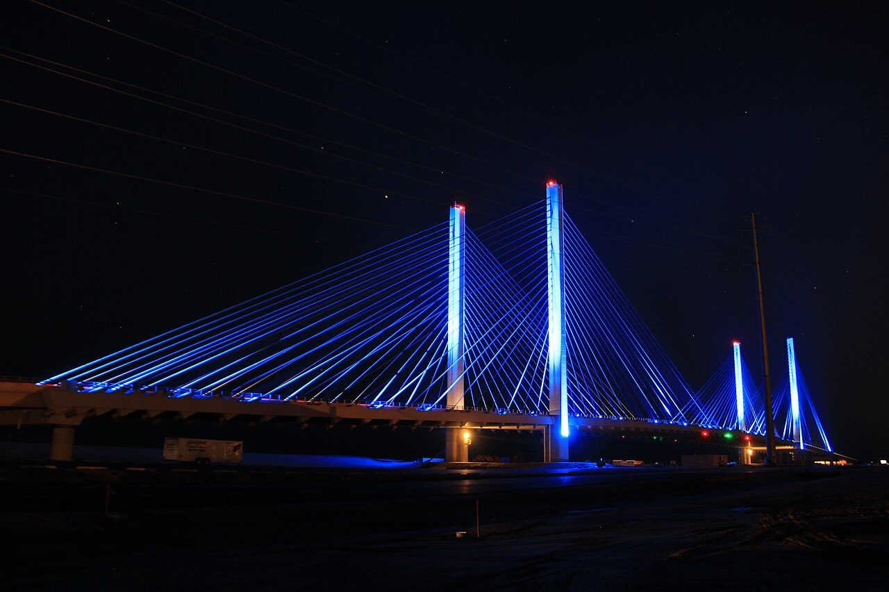 The Indian River Inlet Bridge lit up at night in Sussex County, Delaware