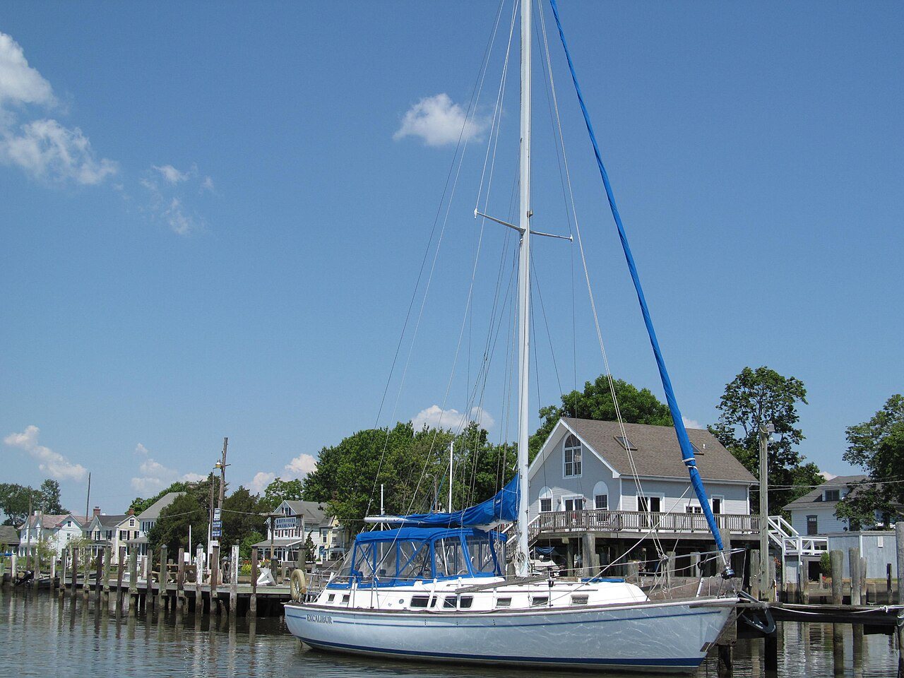 A sailboat on the Wicomico River at the Whitehaven waterfront, Maryland