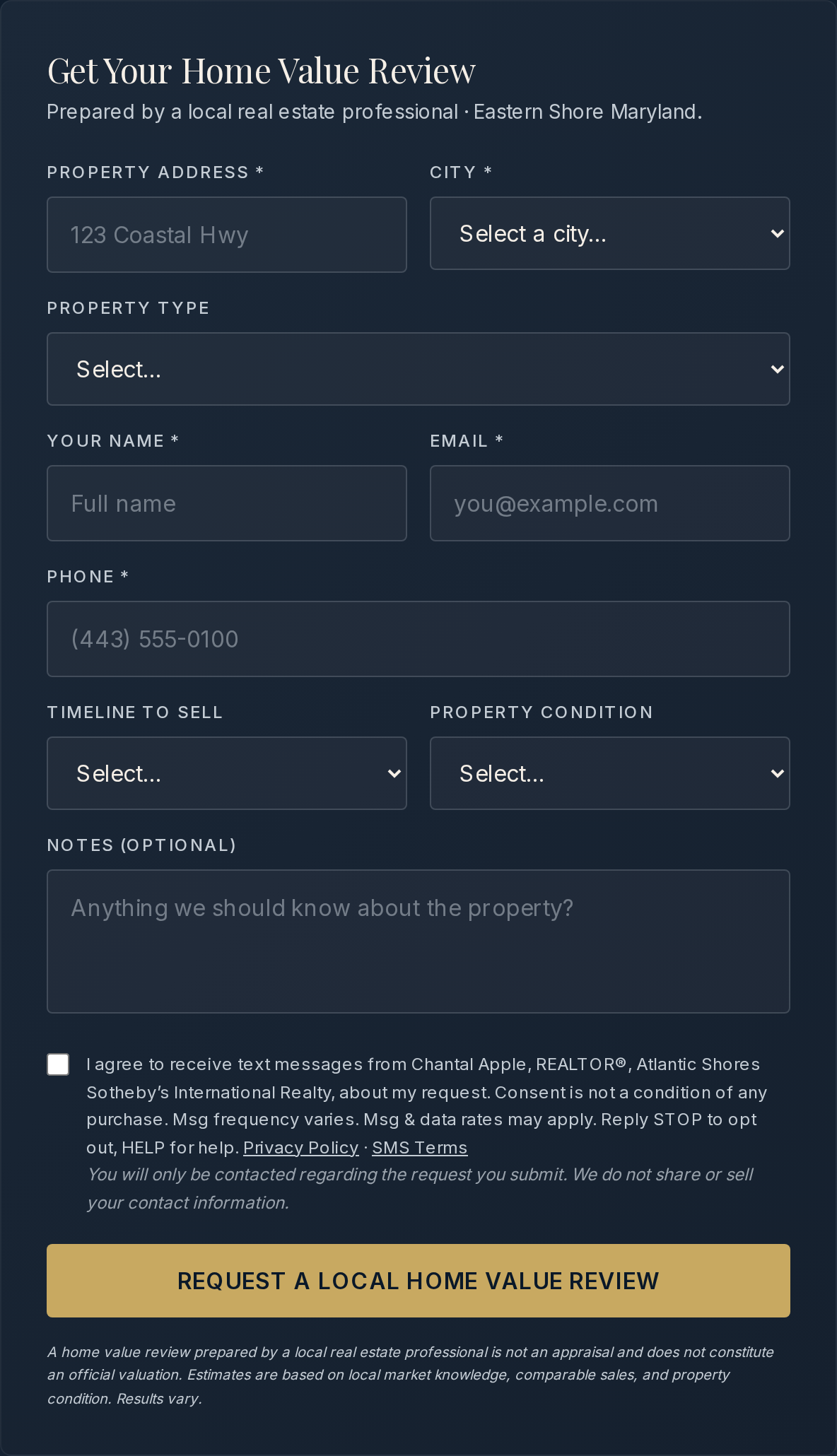 The home value request form on chantalapple.com showing the optional, unchecked SMS consent box from Chantal Apple